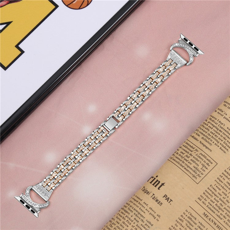 Watch Band for Apple Watch Series 10 42mm / 9 8 7 41mm / SE (2023) SE (2022) SE 6 5 4 40mm / 3 2 1 38mm Stainless Steel Rhinestone Decor 5-Bead Strap - Silver+Rose Gold