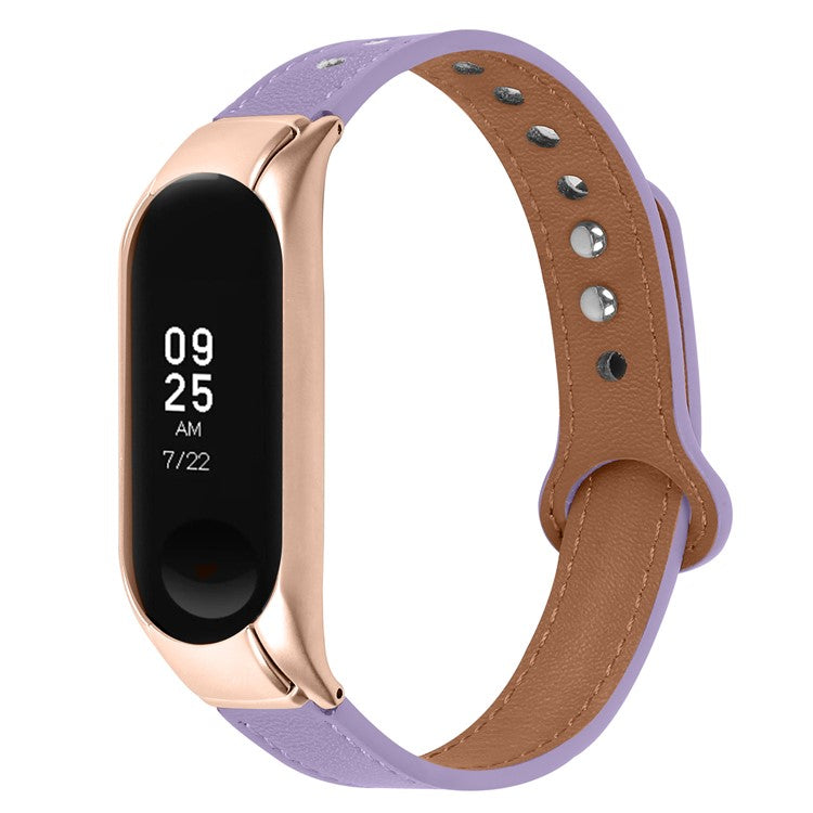 For Xiaomi Smart Band 8 Rivets Decor Watch Straps Genuine Cowhide Leather Watch Band with Rose Gold Watch Case - Light Purple