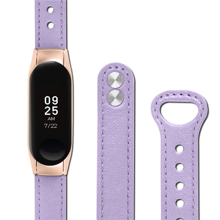 For Xiaomi Smart Band 8 Rivets Decor Watch Straps Genuine Cowhide Leather Watch Band with Rose Gold Watch Case - Light Purple