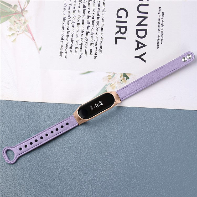 For Xiaomi Smart Band 8 Rivets Decor Watch Straps Genuine Cowhide Leather Watch Band with Rose Gold Watch Case - Light Purple