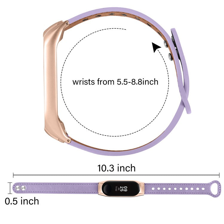 For Xiaomi Smart Band 8 Rivets Decor Watch Straps Genuine Cowhide Leather Watch Band with Rose Gold Watch Case - Light Purple
