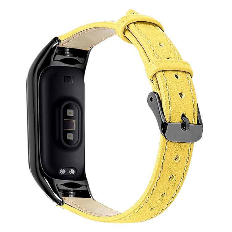 For Xiaomi Smart Band 8 Genuine Cowhide Leather Band Watch Straps with Black Watch Case - Yellow