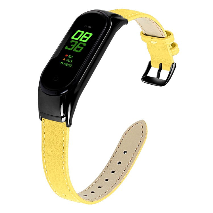 For Xiaomi Smart Band 8 Genuine Cowhide Leather Band Watch Straps with Black Watch Case - Yellow