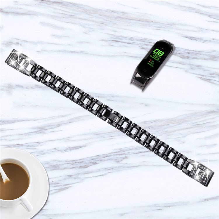 For Xiaomi Smart Band 9 NFC / 9 / 8 NFC / 8 G Letter Rhinestones Decor Watch Strap Stainless Steel Wrist Band - Black
