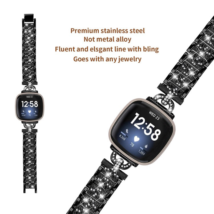 3-Bead Rhinestone Decor Smartwatch Strap for Fitbit Versa 3 / Sense , Stainless Steel Watch Band Replacement - Black