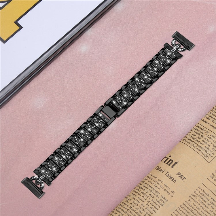 3-Bead Rhinestone Decor Smartwatch Strap for Fitbit Versa 3 / Sense , Stainless Steel Watch Band Replacement - Black