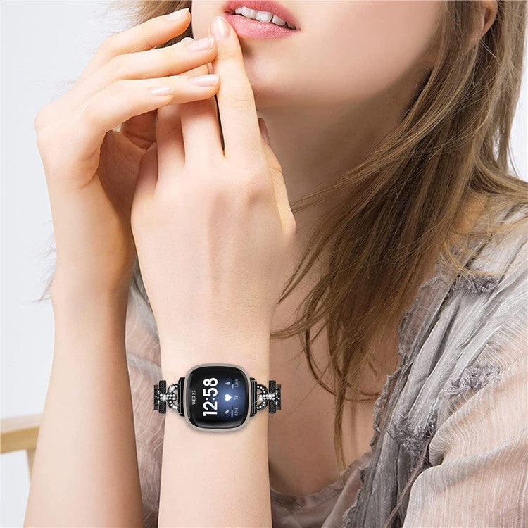 3-Bead Rhinestone Decor Smartwatch Strap for Fitbit Versa 3 / Sense , Stainless Steel Watch Band Replacement - Black