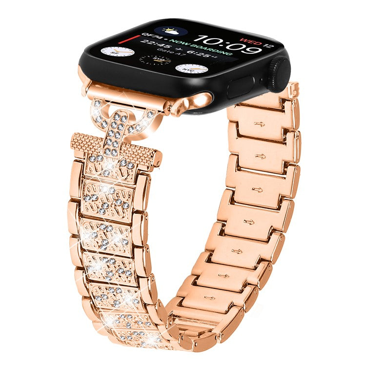Watch Band for Apple Watch Series 10 46mm / Ultra 2 Ultra 49mm / Series 9 8 7 45mm / 6 5 4 SE (2023) SE (2022) SE 44mm / 3 2 1 42mm , 3-Bead Rhinestone Decor Stainless Steel Strap - Rose Gold