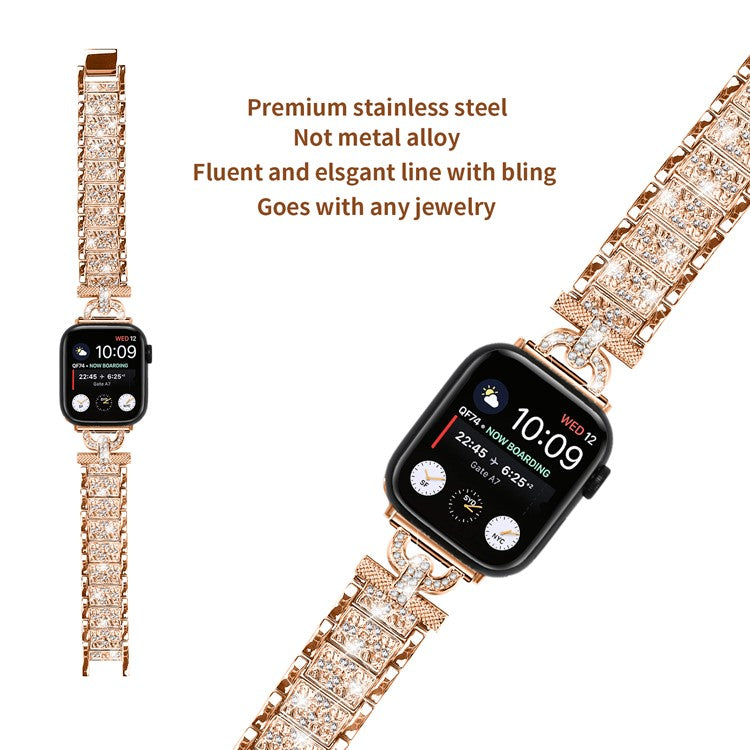 Watch Band for Apple Watch Series 10 46mm / Ultra 2 Ultra 49mm / Series 9 8 7 45mm / 6 5 4 SE (2023) SE (2022) SE 44mm / 3 2 1 42mm , 3-Bead Rhinestone Decor Stainless Steel Strap - Rose Gold