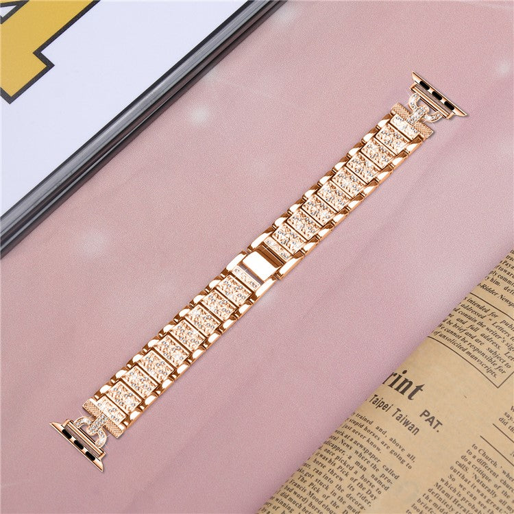 Watch Band for Apple Watch Series 10 46mm / Ultra 2 Ultra 49mm / Series 9 8 7 45mm / 6 5 4 SE (2023) SE (2022) SE 44mm / 3 2 1 42mm , 3-Bead Rhinestone Decor Stainless Steel Strap - Rose Gold