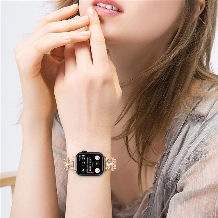 Watch Band for Apple Watch Series 10 46mm / Ultra 2 Ultra 49mm / Series 9 8 7 45mm / 6 5 4 SE (2023) SE (2022) SE 44mm / 3 2 1 42mm , 3-Bead Rhinestone Decor Stainless Steel Strap - Rose Gold