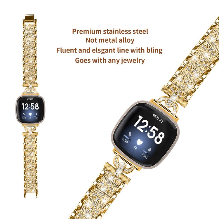 For Fitbit Versa 4 / Sense 2 Stainless Steel Watch Band 3-Bead Rhinestone Decor Replacement Bracelet - Gold