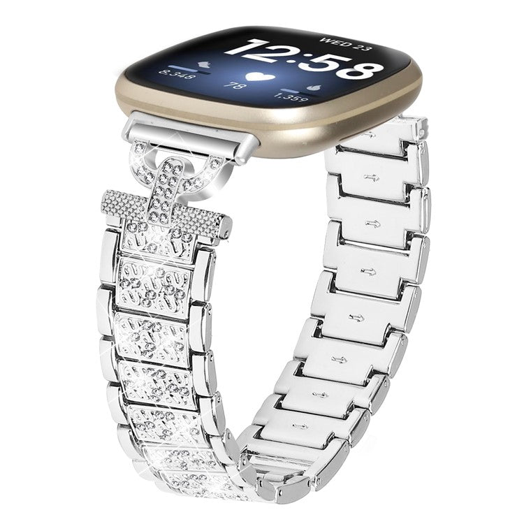 For Fitbit Versa 4 / Sense 2 Stainless Steel Watch Band 3-Bead Rhinestone Decor Replacement Bracelet - Silver