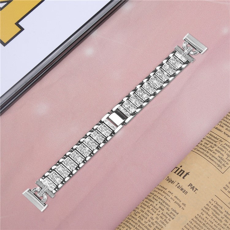 For Fitbit Versa 4 / Sense 2 Stainless Steel Watch Band 3-Bead Rhinestone Decor Replacement Bracelet - Silver