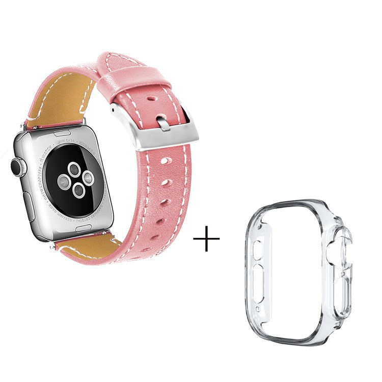 For Apple Watch Ultra 49mm Sport Band Genuine Cow Leather Watch Strap with Transparent PC Watch Case - Pink