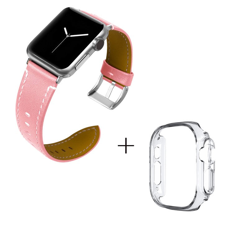 For Apple Watch Ultra 49mm Sport Band Genuine Cow Leather Watch Strap with Transparent PC Watch Case - Pink