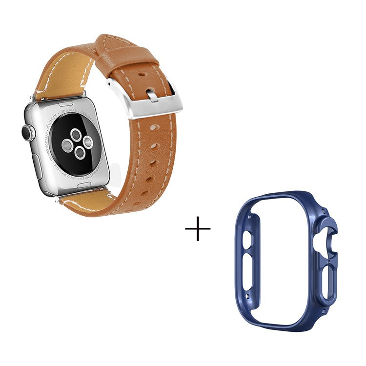 For Apple Watch Ultra 49mm Genuine Cow Leather Wristbands Strap with Midnight Blue PC Watch Case - Brown