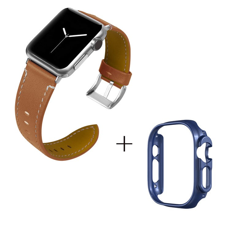 For Apple Watch Ultra 49mm Genuine Cow Leather Wristbands Strap with Midnight Blue PC Watch Case - Brown