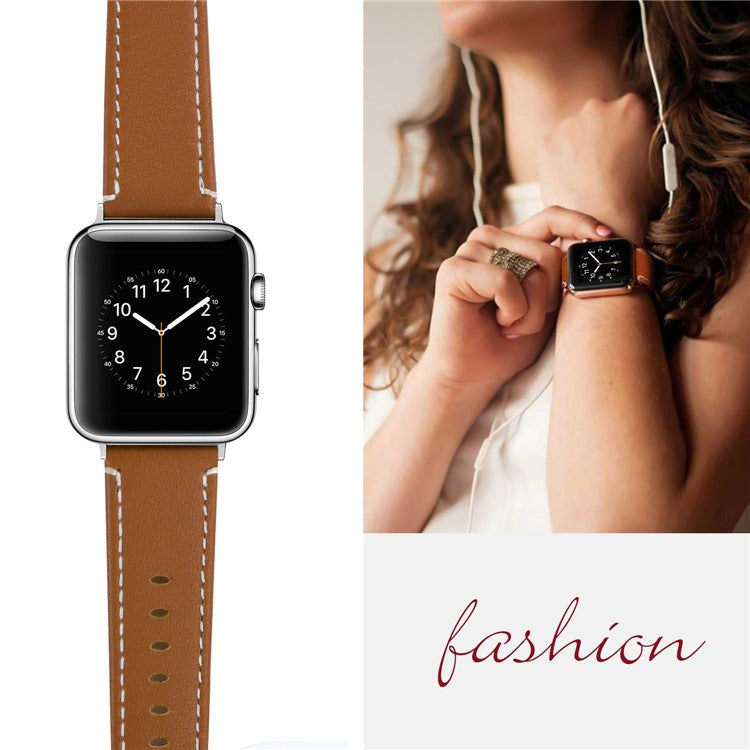 For Apple Watch Ultra 49mm Genuine Cow Leather Wristbands Strap with Midnight Blue PC Watch Case - Brown