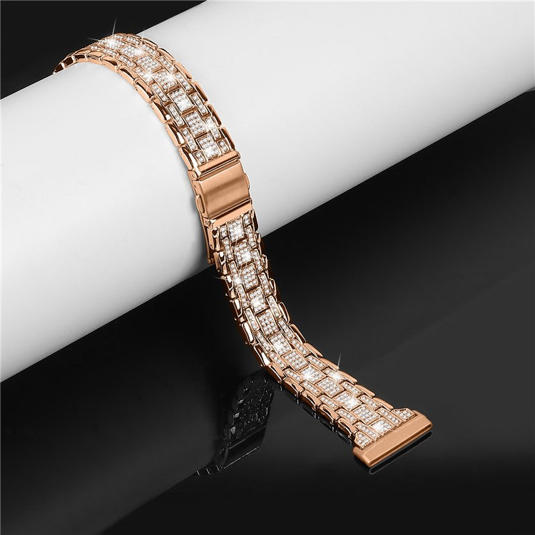 For Fitbit Versa 4 / Sense 2 Rhinestones Decor Metal Watch Band 5 Beads Dual Press Buckle Dressy Replacement Bracelet - Rose Gold