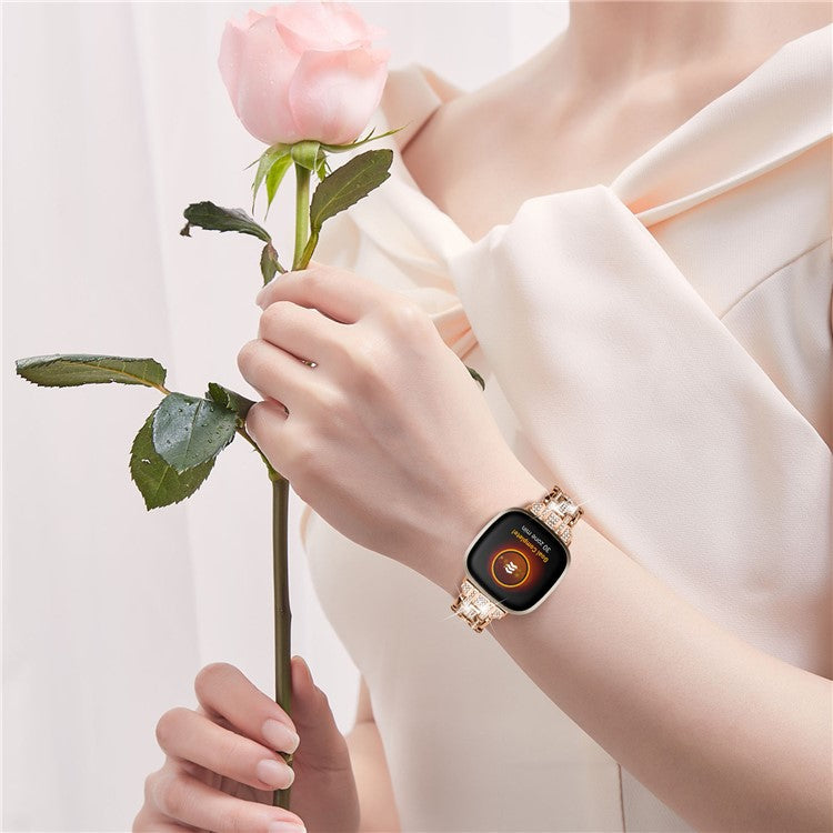 For Fitbit Versa 4 / Sense 2 Rhinestones Decor Metal Watch Band 5 Beads Dual Press Buckle Dressy Replacement Bracelet - Rose Gold