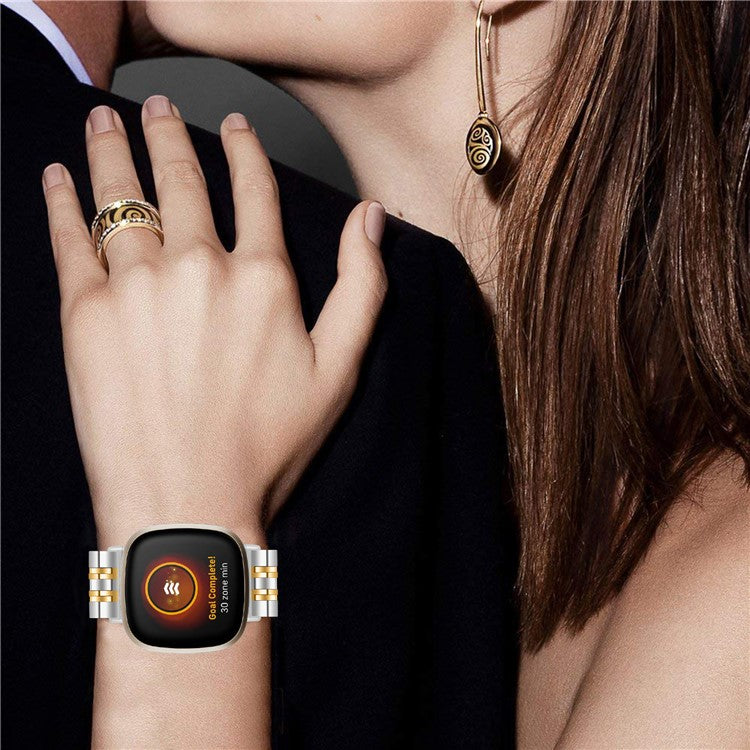 For Fitbit Sense 2 / Versa 4 Stainless Steel Watch Band Stylish 7 Beads Design Replacement Wrist Strap - Silver / Gold