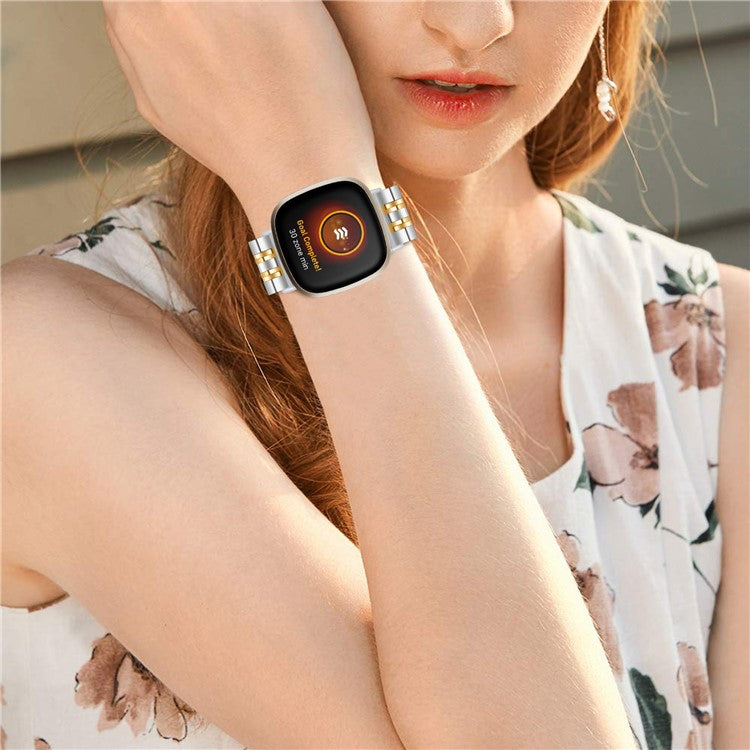 For Fitbit Sense 2 / Versa 4 Stainless Steel Watch Band Stylish 7 Beads Design Replacement Wrist Strap - Silver / Gold