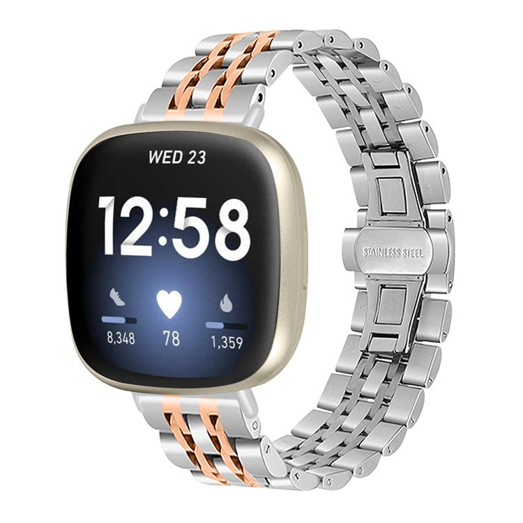 For Fitbit Sense 2 / Versa 4 Stainless Steel Watch Band Stylish 7 Beads Design Replacement Wrist Strap - Silver / Rose Gold