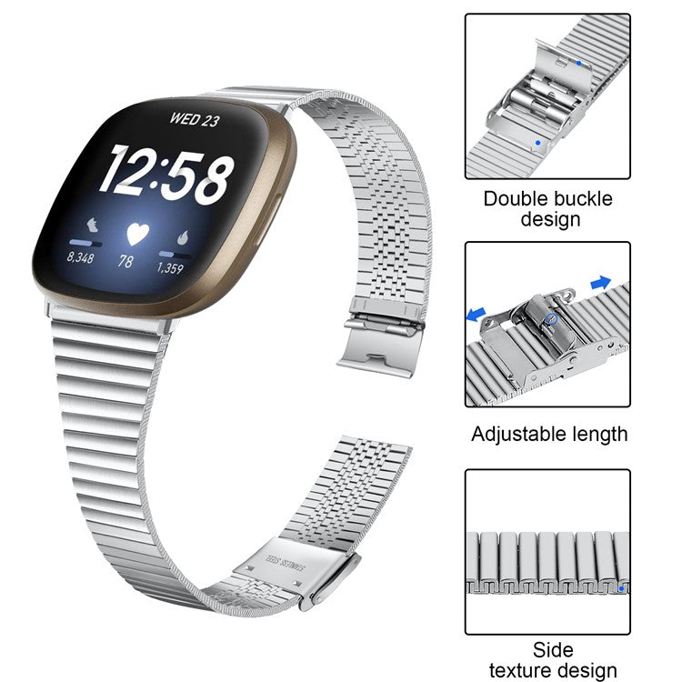 For Fitbit Versa 4 / Sense 2 Adjustable Stainless Steel Smartwatch Strap Replacement Wrist Band - Silver