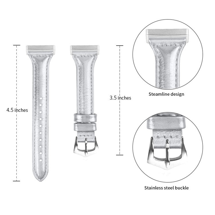 For Fitbit Versa 4 / Sense 2 Genuine Cow Leather Watch Band 20mm Slim Watch Strap - Bright Silver