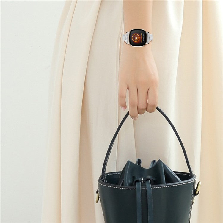 For Fitbit Versa 4 / Sense 2 Genuine Cow Leather Watch Band 20mm Slim Watch Strap - Bright Silver