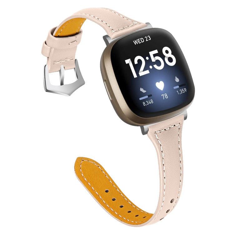 For Fitbit Versa 4 / Sense 2 Genuine Cow Leather Watch Band 20mm Slim Watch Strap - Apricot