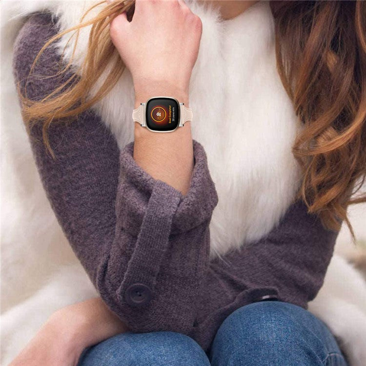 For Fitbit Versa 4 / Sense 2 Genuine Cow Leather Watch Band 20mm Slim Watch Strap - Apricot