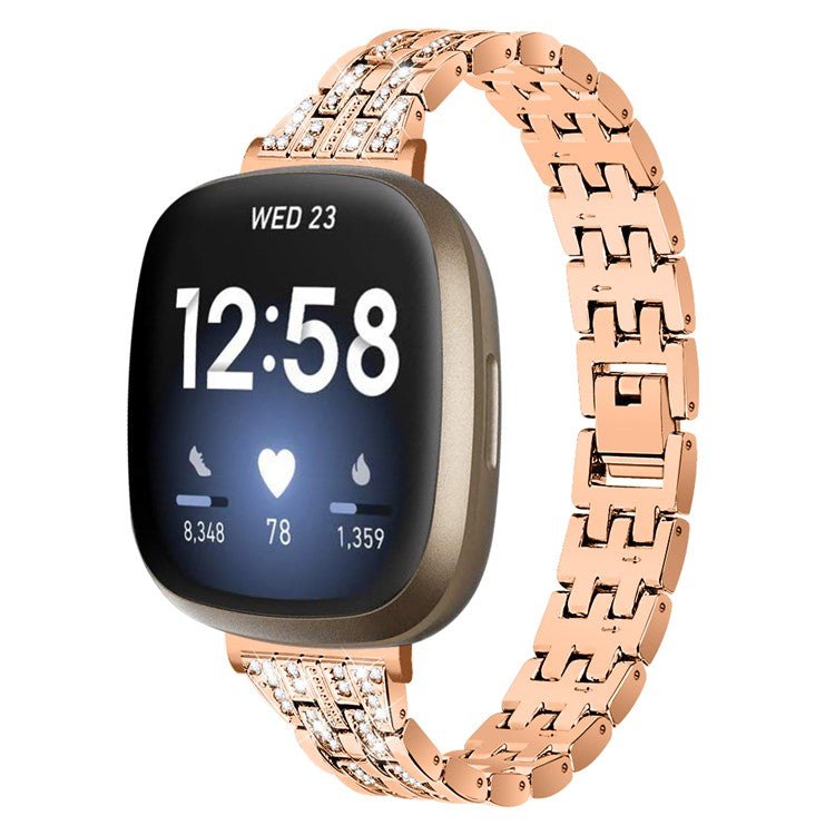 For Fitbit Versa 4 / Sense 2 Zinc Alloy 2 Rows Rhinestone Watch Strap Replacement Wrist Band - Rose Gold