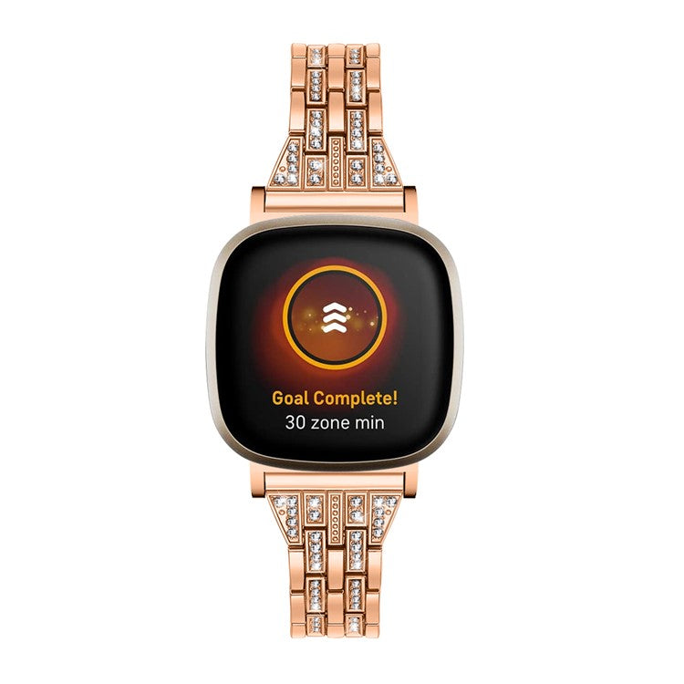 For Fitbit Versa 4 / Sense 2 Zinc Alloy 2 Rows Rhinestone Watch Strap Replacement Wrist Band - Rose Gold
