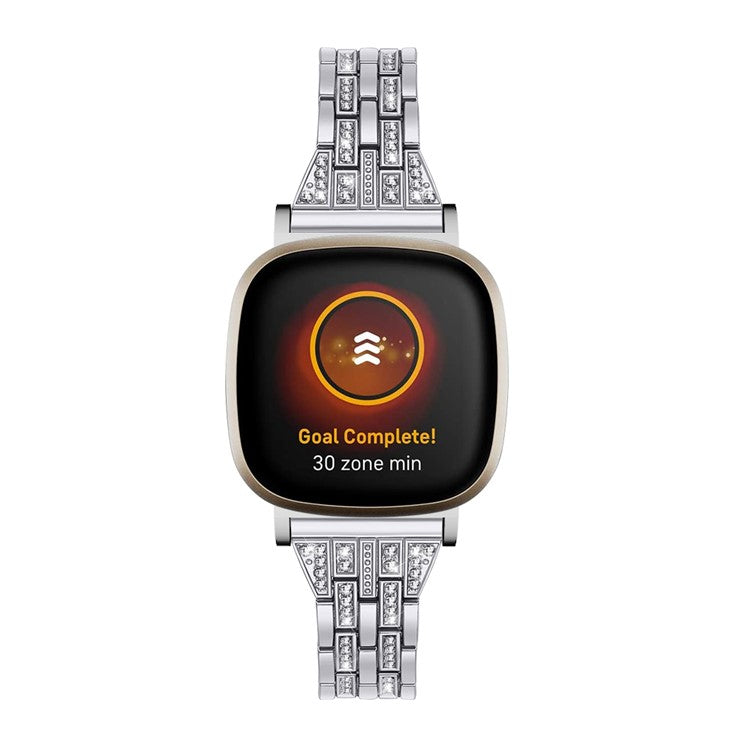 For Fitbit Versa 4 / Sense 2 Zinc Alloy 2 Rows Rhinestone Watch Strap Replacement Wrist Band - Silver