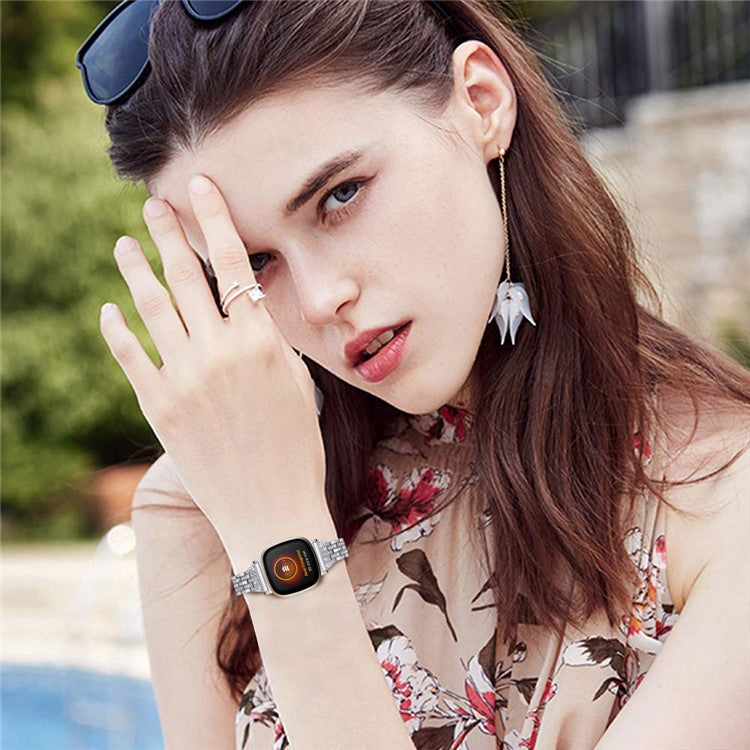 For Fitbit Versa 4 / Sense 2 Zinc Alloy 2 Rows Rhinestone Watch Strap Replacement Wrist Band - Silver