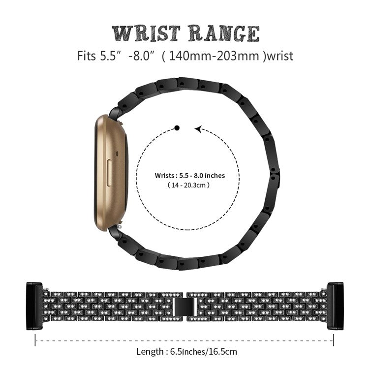 For Fitbit Versa 4 / Sense 2 Rhinestones Decor Zinc Alloy Strap Replacement Smartwatch Band - Black