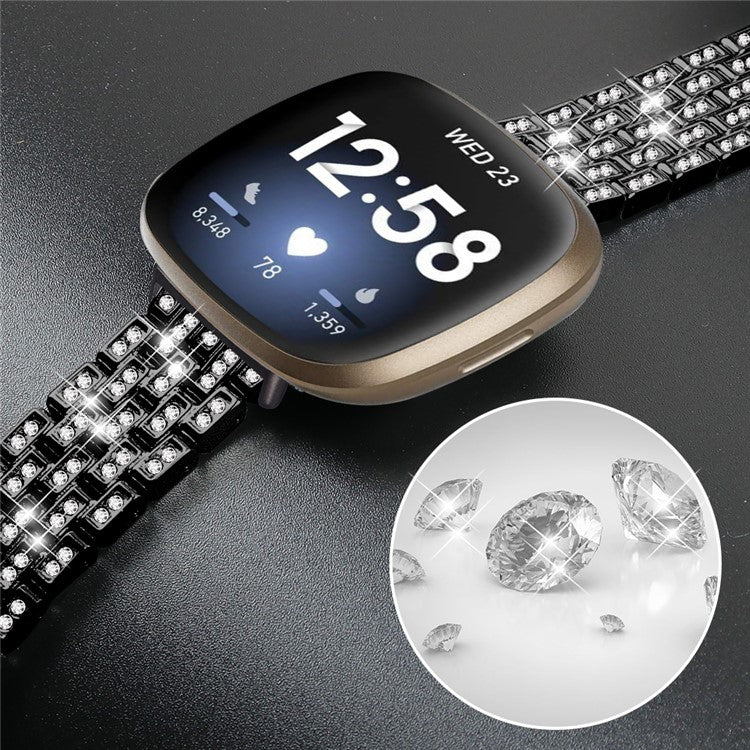 For Fitbit Versa 4 / Sense 2 Rhinestones Decor Zinc Alloy Strap Replacement Smartwatch Band - Black