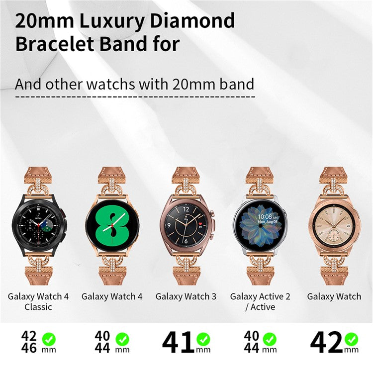 Watch Band for Samsung Galaxy Watch6 40mm 44mm / Watch6 Classic 43mm 47mm / Watch 5 40mm 44mm / Watch4 40mm 44mm , Rhinestone Decor 20mm Genuine Cow Leather Strap with Rose Gold Buckle - Brown