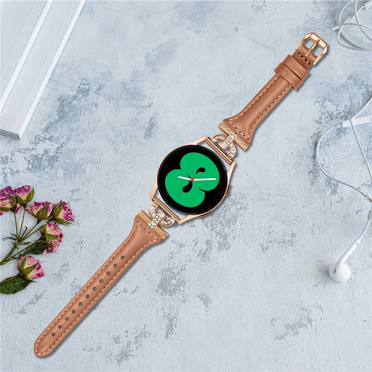 Watch Band for Samsung Galaxy Watch6 40mm 44mm / Watch6 Classic 43mm 47mm / Watch 5 40mm 44mm / Watch4 40mm 44mm , Rhinestone Decor 20mm Genuine Cow Leather Strap with Rose Gold Buckle - Brown