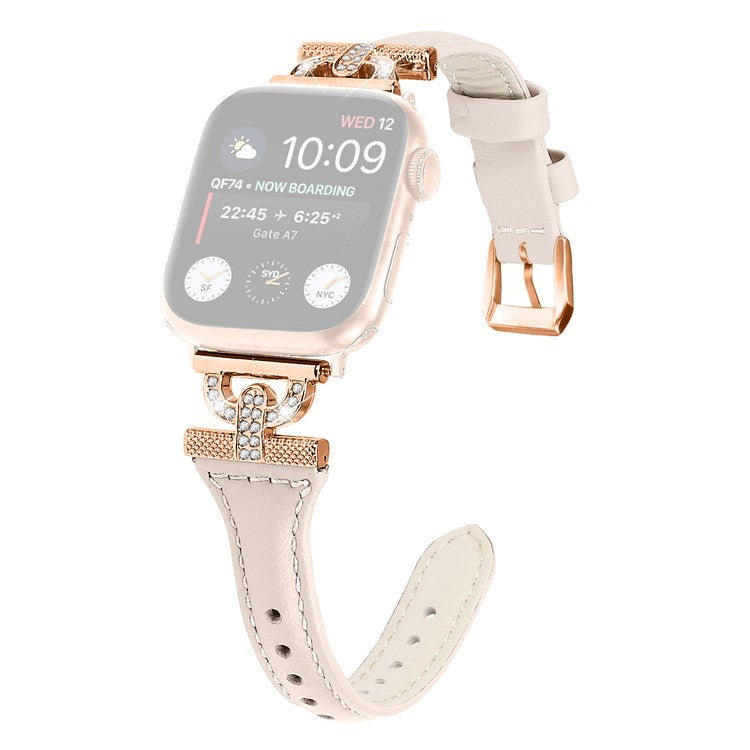 Watch Band for Apple Watch Series 10 42mm / 9 8 7 41mm / SE (2023) SE (2022) SE 6 5 4 40mm / 3 2 1 38mm Genuine Cow Leather Rhinestone Decor Strap with Rose Gold Buckle - Apricot