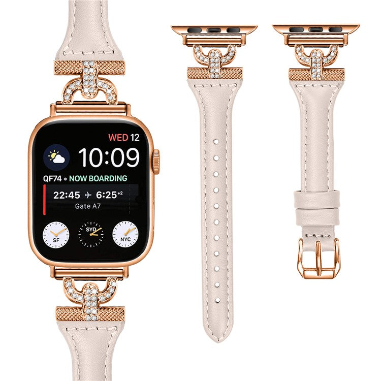 Watch Band for Apple Watch Series 10 42mm / 9 8 7 41mm / SE (2023) SE (2022) SE 6 5 4 40mm / 3 2 1 38mm Genuine Cow Leather Rhinestone Decor Strap with Rose Gold Buckle - Apricot