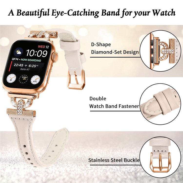 Watch Band for Apple Watch Series 10 42mm / 9 8 7 41mm / SE (2023) SE (2022) SE 6 5 4 40mm / 3 2 1 38mm Genuine Cow Leather Rhinestone Decor Strap with Rose Gold Buckle - Apricot