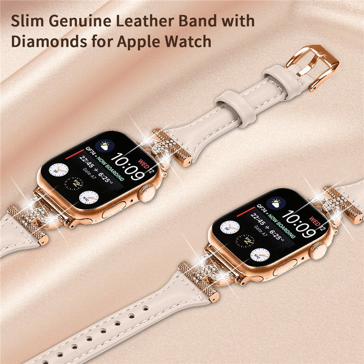 Watch Band for Apple Watch Series 10 42mm / 9 8 7 41mm / SE (2023) SE (2022) SE 6 5 4 40mm / 3 2 1 38mm Genuine Cow Leather Rhinestone Decor Strap with Rose Gold Buckle - Apricot