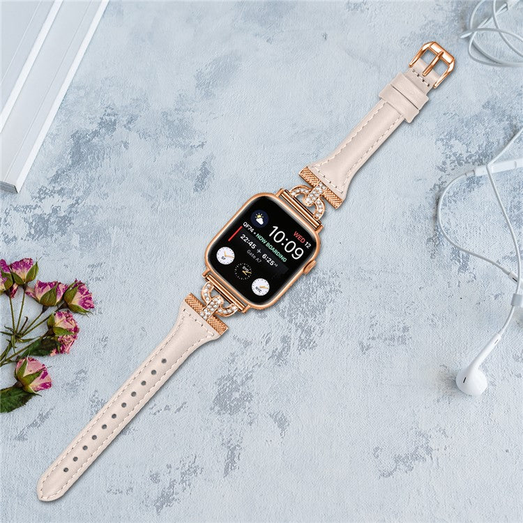 Watch Band for Apple Watch Series 10 42mm / 9 8 7 41mm / SE (2023) SE (2022) SE 6 5 4 40mm / 3 2 1 38mm Genuine Cow Leather Rhinestone Decor Strap with Rose Gold Buckle - Apricot