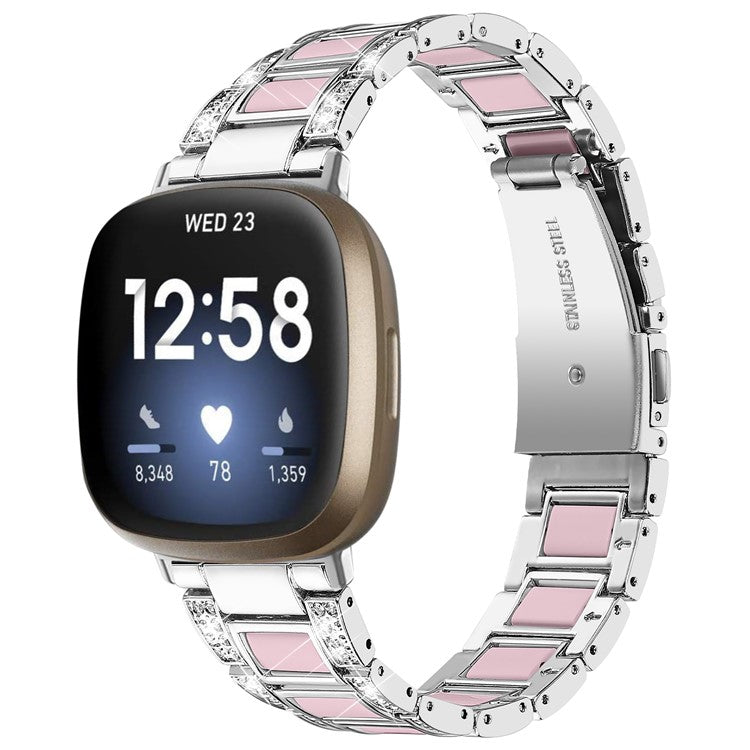 For Fitbit Versa 4 / Sense 2 Watch Band Stainless Steel Resin Strap Rhinestone Decor Bracelet - Silver / Pink