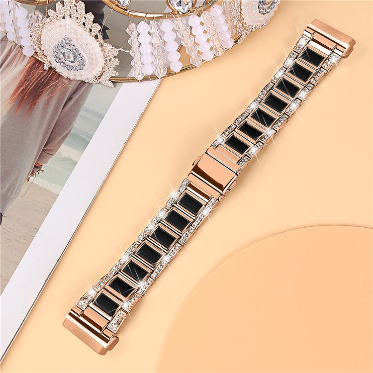 For Fitbit Versa 4 / Sense 2 Resin Watch Strap Stainless Steel Rhinestone Decor Watch Band - Rose Gold / Black
