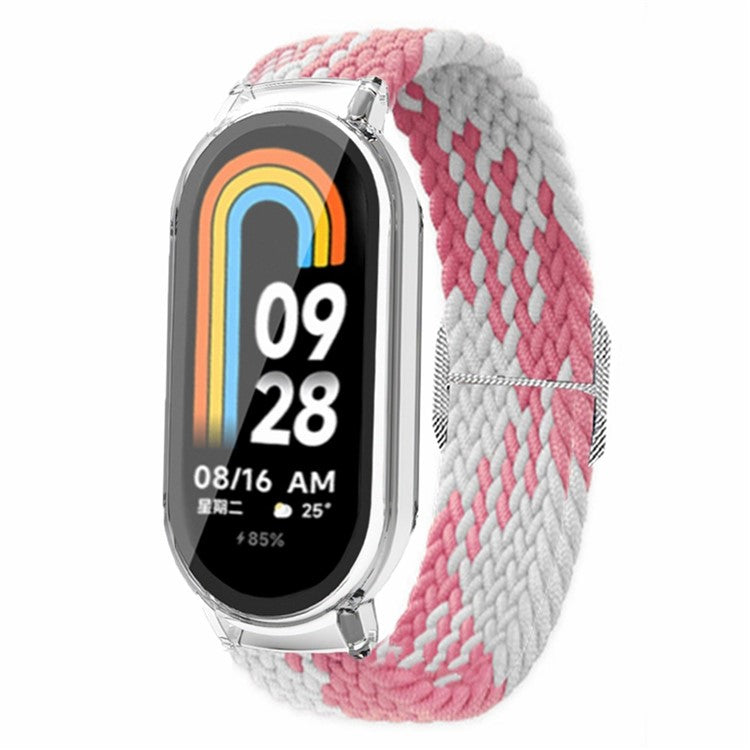 For Xiaomi Smart Band 8 Braided Nylon Watch Band Elastic Wrist Strap with Watch Case and Screen Protector - Pink White+Transparent Case