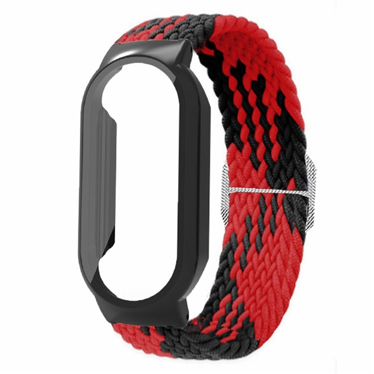 For Xiaomi Smart Band 8 Braided Nylon Watch Band Elastic Wrist Strap with Watch Case and Screen Protector - Red Black+Black Case